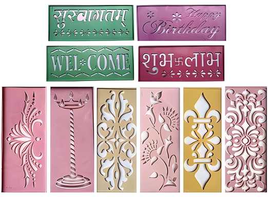 Plastic Rangoli Stencils for Floor Decoration - 10 Assorted Designs (3x7 Inch)