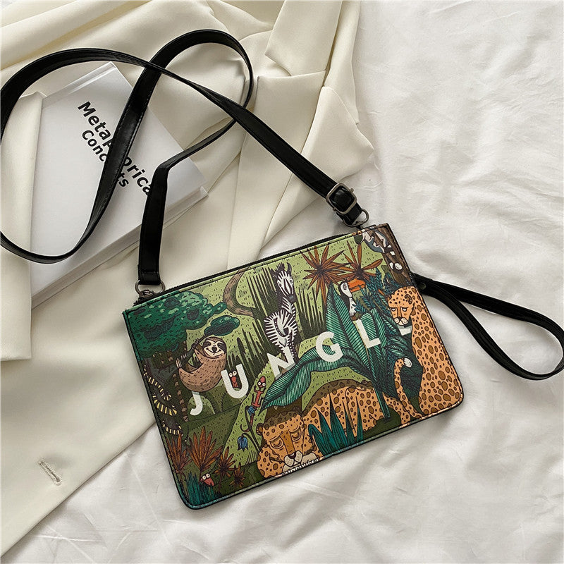 Front view of Fashionable PU oil painting printed shoulder bag with colorful graffiti stitching.