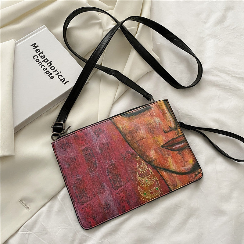 Fashionable PU Oil Painting Printed Shoulder Bag - Graffiti Stitching Envelope Clutch