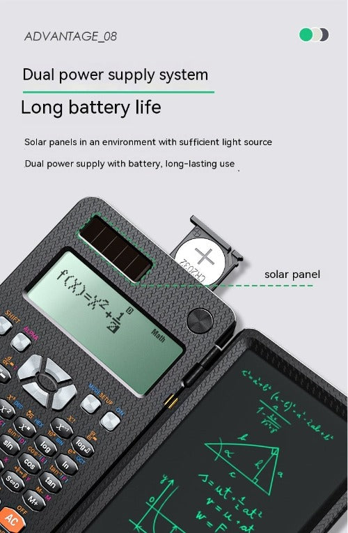 Folded 2-in-1 scientific calculator and handwriting tablet, compact for easy transport