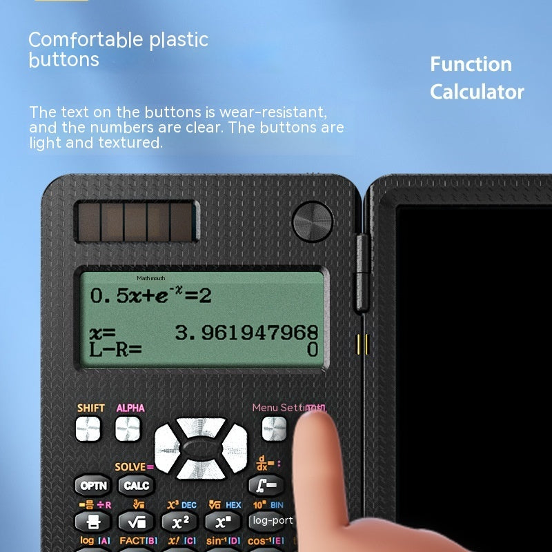 Folded 2-in-1 scientific calculator and handwriting tablet, compact for easy transport