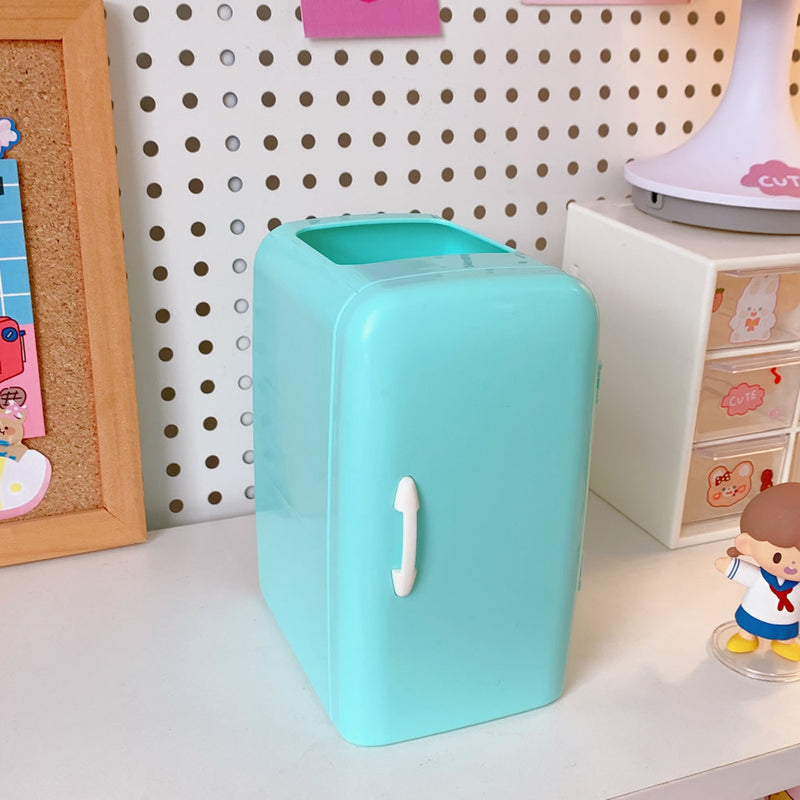 Light Blue Fridge-Shaped Pen Holder for Stationery and Cosmetics