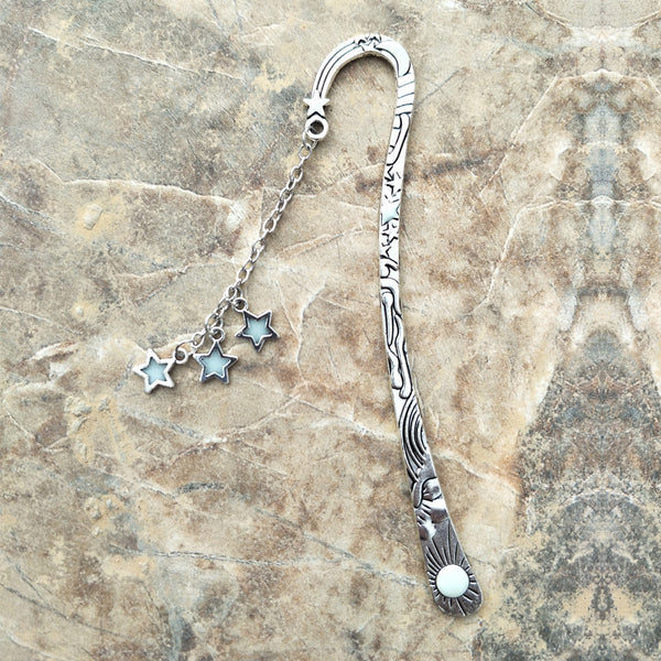 Ancient Silver Metal Bookmark with Sun, Moon, and Star Design