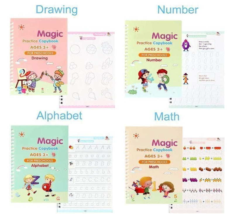 Magic Book Set of 2 - 8 Books, 20 Refills, 2 Pens, and 2 Grips for Preschool Education