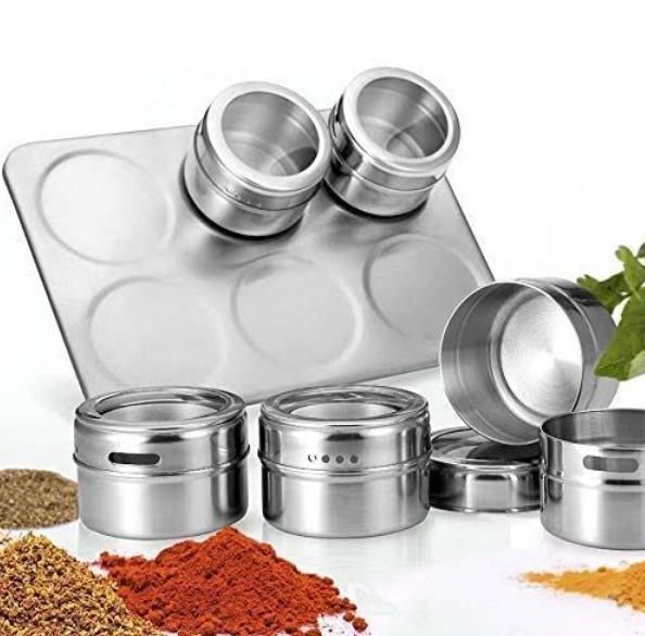 Magnetic Spice Jar Portable Containers Set for Kitchen Storage - Seasoning Masala Box (Silver)