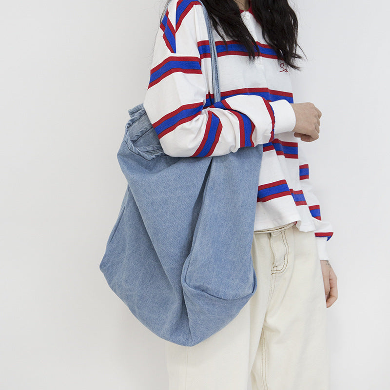 Japanese Washed Denim Canvas Tote Bag - Simple Wild Shoulder Bag