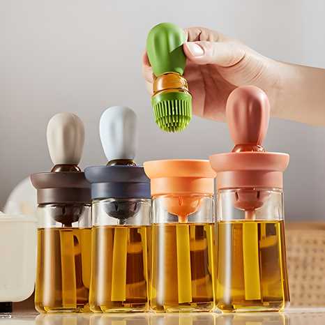 2-in-1 Oil Dispenser with Brush - Precision Glass Oil Jar with Silicone Brush