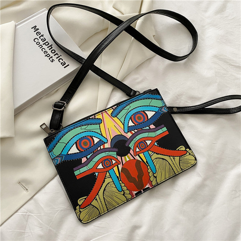 Fashionable PU Oil Painting Printed Shoulder Bag - Graffiti Stitching Envelope Clutch