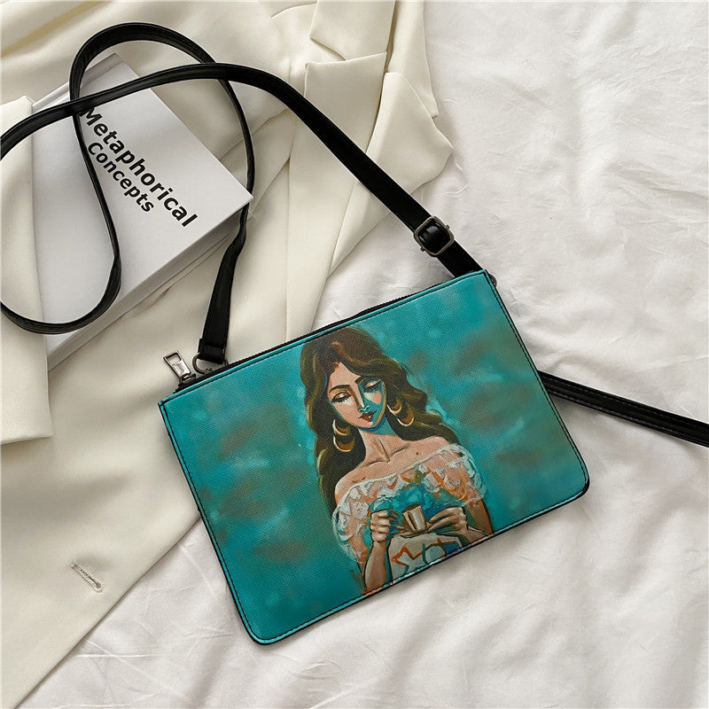 Fashionable PU Oil Painting Printed Shoulder Bag - Graffiti Stitching Envelope Clutch