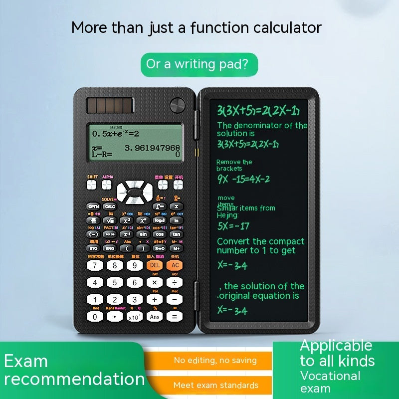 2-in-1 foldable scientific calculator combined with a handwriting tablet, open and in use